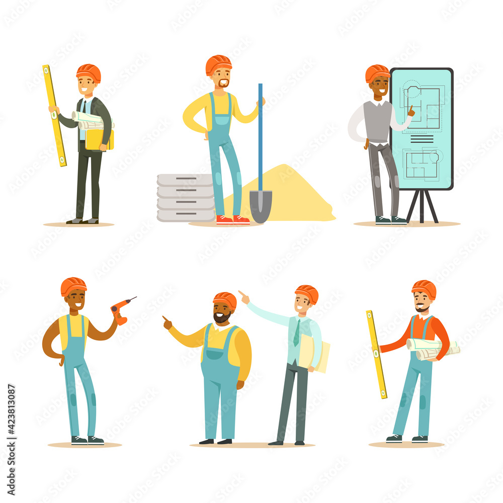 Professional Builders with Tools Set, Construction Workers Characters in Hardhats and Workwear Cartoon Vector Illustration