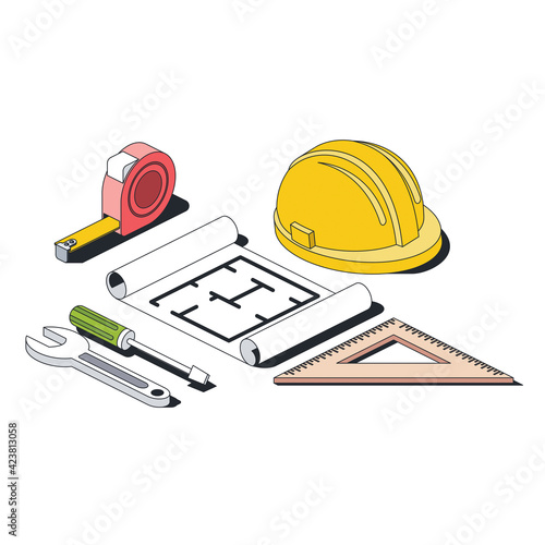 Tape measure, construction helmet, drawing wrench screwdriver, ruler. Vector 3d line isometric, color web icons, new flat style. Creative design idea for infographics.