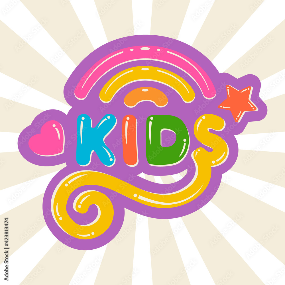 Amusing Lettering logo Kids channel,kindergarten sign,colorful cartoon toys store icon,children products and foods shop,kid shoes clothes sign with rainbow on bright background.Childhood symbol.Vector