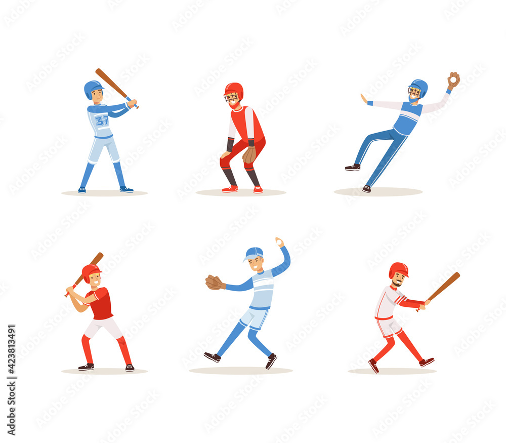 Baseball Players Set, Cheerful Softball Athletes Characters in Uniform In Different Poses Cartoon Vector Illustration