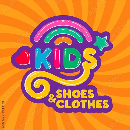 Amusing Lettering Kids shoes and clothes shop logo,children store colorful cartoon icon with rainbow on bright background.Design template baby icon kid shop,clothing store,sign childhood.Vector