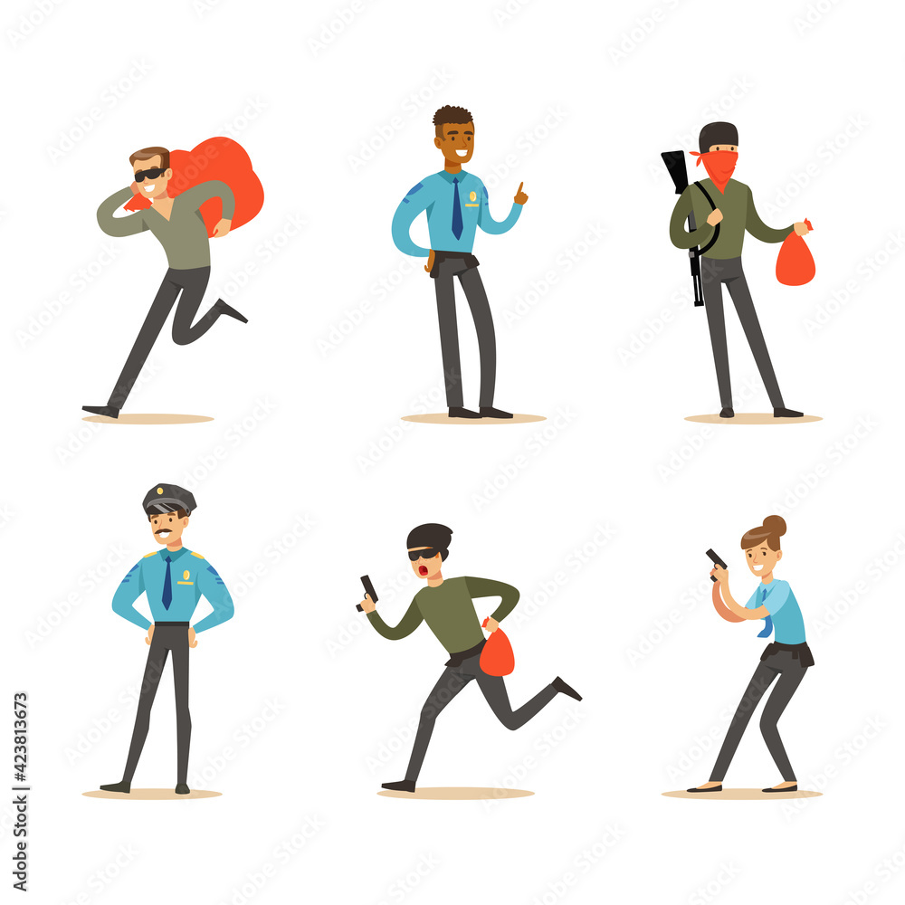 Set of Police Officers and Robbers, Criminals Running away from Policeman Vector Illustration