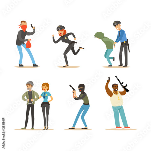 Set of Police Officers and Robbers, Criminals Running away from Policeman, Police Officer Arrested Thief Cartoon Vector Illustration