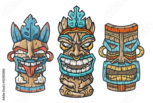 Set of trendy hawaii wooden tiki mask for surfing bar. Traditional ethnic idol of hawaiian, maori or polynesian. Old tribal totem