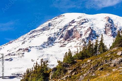 Fotografie Detail of the volcanic peak of Mount Rainier in the Pacific Northwest of the Uni