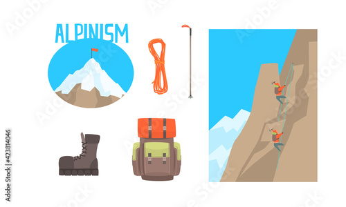 Mountaineering Adventure, Alpinism Set, Mountain Climbers Climbing Rock Cartoon Vector Illustration