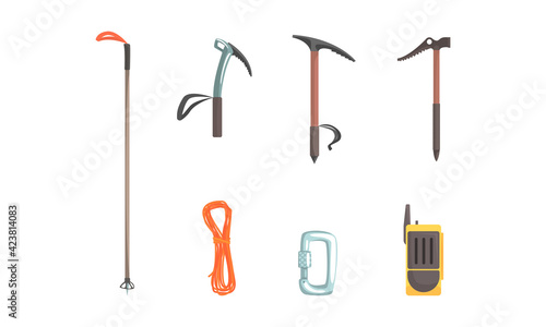 Mountaineering Equipment Set, Climbing Gear, Ice Ax, Cable, Carbine, Radio Transmitter Cartoon Vector Illustration