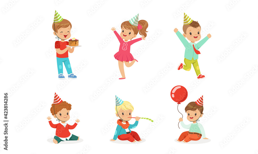 Happy Kids Celebrating Birthday Set, Cute Adorable Little Boys and Girls Having Fun at Party Cartoon Vector Illustration