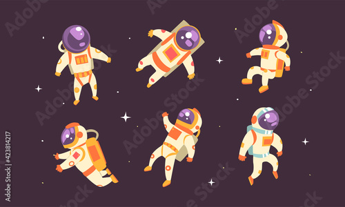 Astronauts in Spacesuits Floating in Outer Space Set  Spaceman Performing Extravehicular Activity on Backgound of Stars Vector Illustration