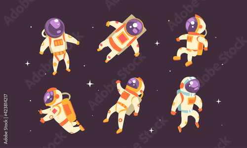 Astronauts in Spacesuits Floating in Outer Space Set, Spaceman Performing Extravehicular Activity on Backgound of Stars Vector Illustration