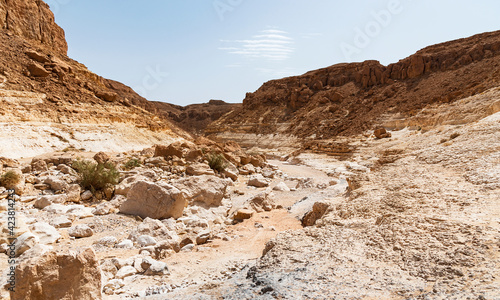 the Nahal Nekarot stream exits the south rim of the Makhtesh Ramon crater in Israel through the Nekarot Gap with a pale blue sky in the background