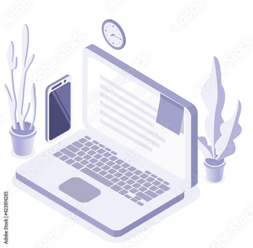 Online self-isolation studying or working at home concept with laptop and phone.