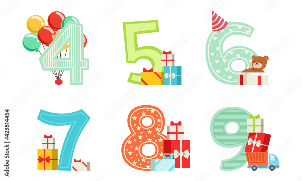 Anniversary Numbers with Gift Boxes and Inflatable Balloons Set, Kids Birthday Party Design Elements Cartoon Vector Illustration