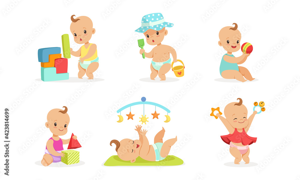 Infant Baby Different Activities Set, Adorable Baby Boys and Girls Playing Toys Cartoon Vector Illustration