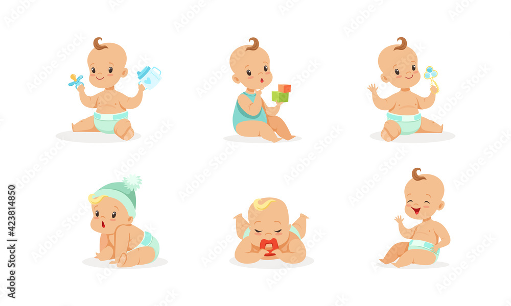 Infant Baby Different Activities Set, Adorable Baby Boys and Girls Playing Toys, First Year Games and Development Cartoon Vector Illustration Infant Baby Different Activities Set, Adorable Baby Boys and Girls Playing Toys, First Year Games and Development Cartoon Vector Illustration