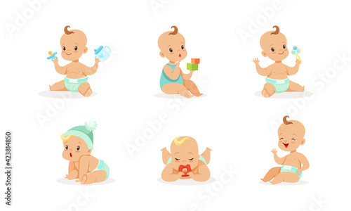Infant Baby Different Activities Set, Adorable Baby Boys and Girls Playing Toys, First Year Games and Development Cartoon Vector Illustration