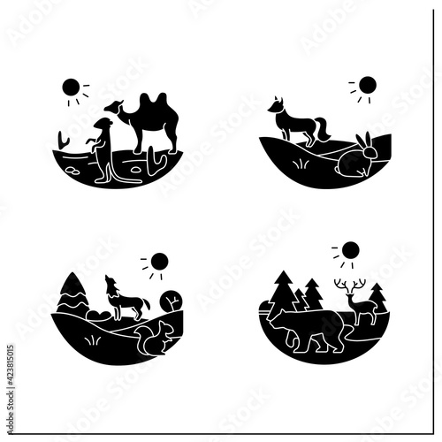 Biodiversity glyph icons set. Consists of desert, grassland,temperate forest, taiga forest ecosystems. Biodiversity concept.Filled flat signs. Isolated silhouette vector illustrations