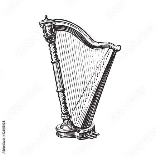 Foto Musical harp hand drawn sketch. Music concept vector illustration