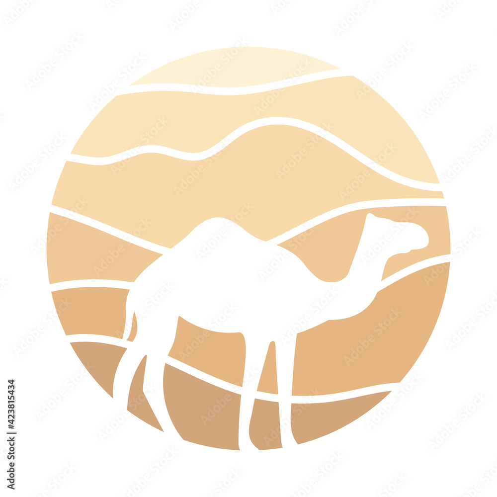 Arabian Logo Camel in desert dunes on beige color gold sand under hot sun in circle wavy pattern background.Design template icon,badge, pictogram,symbol,tourism sign,travel,hot places.Vector isolated Arabian Logo Camel in desert dunes on beige color gold sand under hot sun in circle wavy pattern background.Design template icon,badge, pictogram,symbol,tourism sign,travel,hot places.Vector isolated