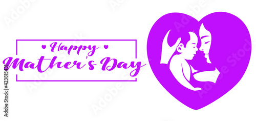 Happy Mother's Day. A mother with her baby in her arms against the background of a heart. Holiday card, banner, logo. Happy Mother's Day inscription on white background. Stock vector illustration.