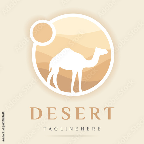 Arabian Logo Camel in desert dunes on beige color gold sand under hot sun in circle wavy pattern background.Design template icon badge  pictogram symbol tourism sign travel hot places.Vector isolated