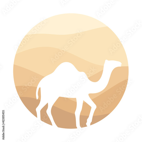 Arabian Logo Camel in desert dunes on beige color gold sand under hot sun in circle wavy pattern background.Design template icon,badge, pictogram,symbol,tourism sign,travel,hot places.Vector isolated