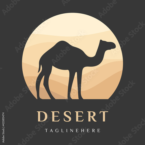 Arabian Logo Camel in desert dunes on beige color gold sand under hot sun in circle wavy pattern background.Design template icon,badge, pictogram,symbol,tourism sign,travel,hot places.Vector isolated
