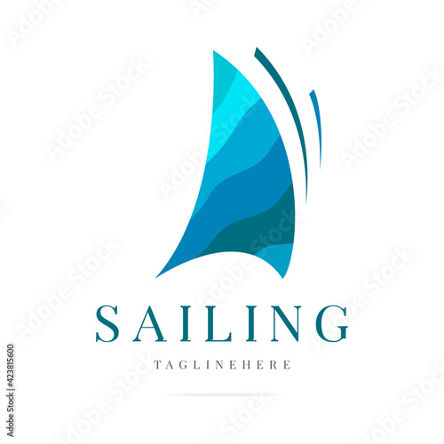 Sailing cruise abstract logo,ship business icon,sign ocean liner voyage travel,symbol boat and royal yacht club graphic design template on the waves blue lines background.Vector isolated illustration.