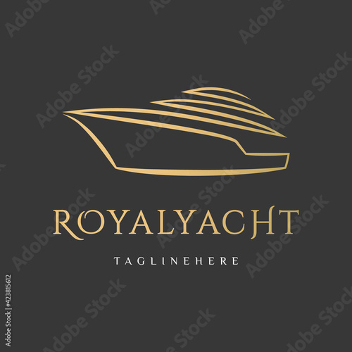 Premium yacht club logo abstract graphic design template white boat on blue background.Rent and sale of yachts, fishing.Sea cruise icon, ship business sign, symbol ocean premium voyage travel.Vector.