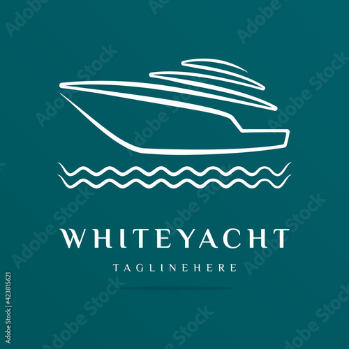 Premium yacht club logo abstract graphic design template white boat on blue background.Rent and sale of yachts, fishing.Sea cruise icon, ship business sign, symbol ocean premium voyage travel.Vector.