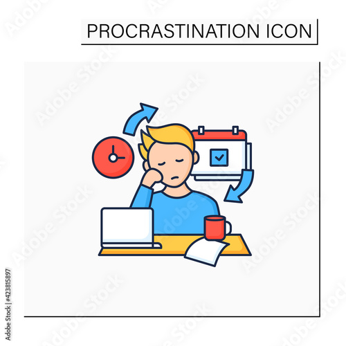 Chronic procrastination color icon.Unhappy statistic.Tired person at workplace. Routine procrastinating process.Overload concept. Isolated vector illustration