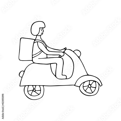 Doodle morocycle courier illustration in vector. Hand drawn motor courier illustration in vector. Food delivery concept with hand drawn courier on motorcycle