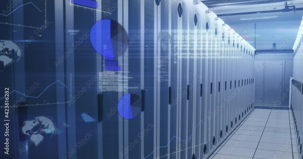 Animation of statistics recording and data processing over tech room with computer servers Animation of statistics recording and data processing over tech room with computer servers