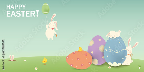 Happy Easter. Easter Rabbit Bunny with eggs, grass, flowers in field. Cute cartoon rabbit character with chicken, Paschal egg. Design template for Banner, flyer, invitation, greeting card, poster.