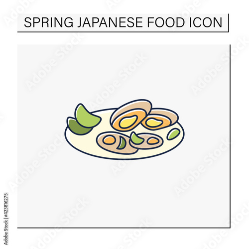  Asari clams color icon.Fried in butter clams on plate. Traditional dish.Spring Japanese food concept. Isolated vector illustration
