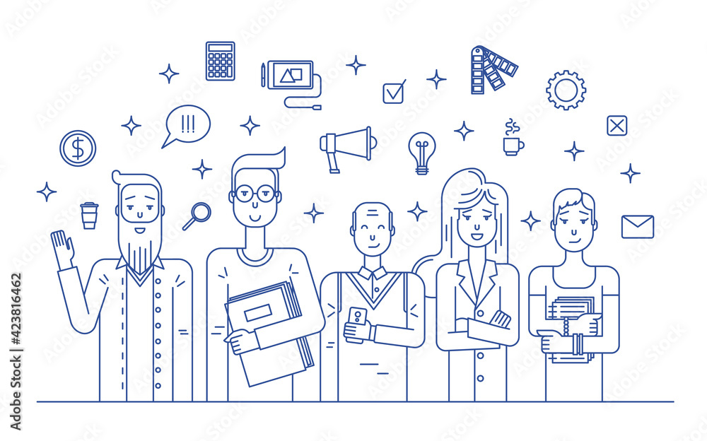 Characters People Creative Business Team Concept Contour Linear Style. Vector Characters People Creative Business Team Concept Contour Linear Style. Vector