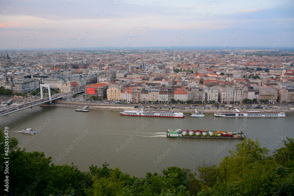 Budapest, Hungary - June 20, 2019: Panoramic view to the city from Citadella Budapest, Hungary - June 20, 2019: Panoramic view to the city from Citadella
