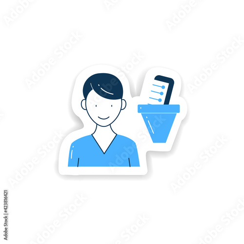 Information filtering system sticker. Filtering information, searching for truthful info badge for designs.Information overload vector emblem