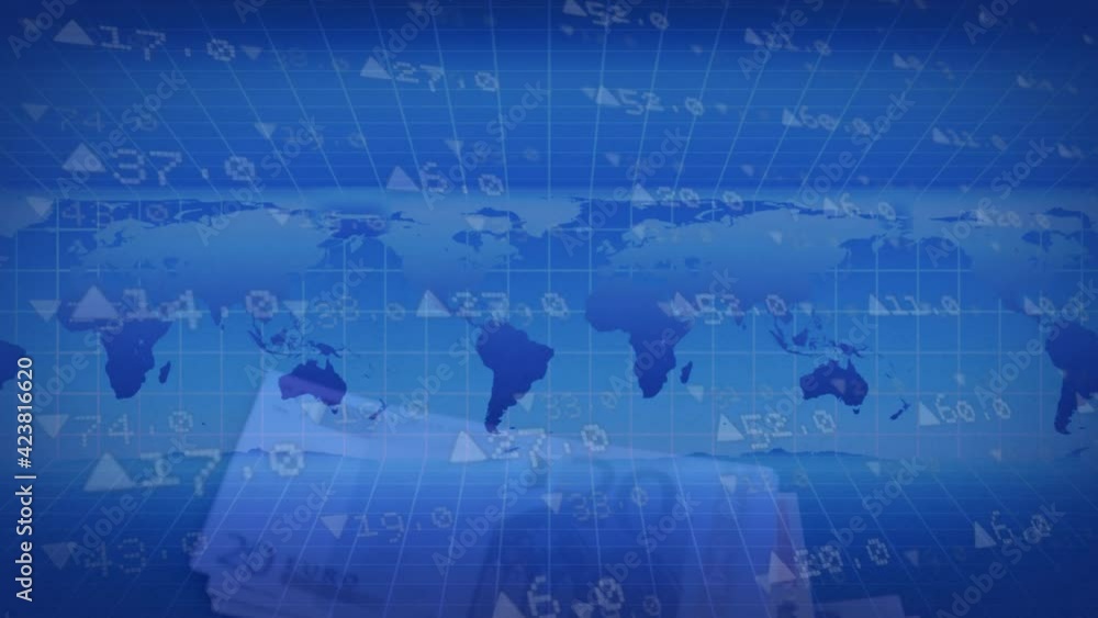Animation of financial data processing over world map and euro currency bills Animation of financial data processing over world map and euro currency bills