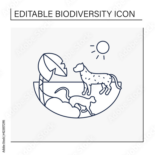 Tropical rainforest line icon.Humid and warm place.Located near the equator.Living place for dangerous animals like jaguar and monkeys.Biodiversity concept.Isolated vector illustration.Editable stroke