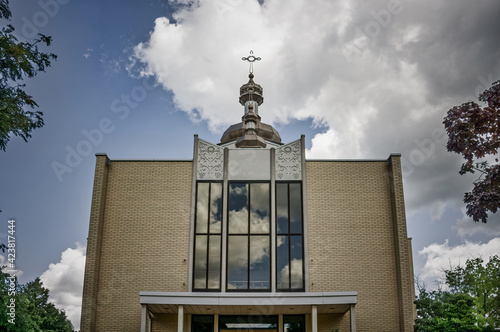 Burlington, Ontario, Canada- August 5, 2020: The cross and dome of the Ukranian Catholic church on Pearl Street seen on a late summer morning photo