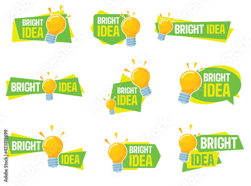 Bright Idea Lettering set. A collection of lettered bright idea balloons, bursts, icons and bubbles.