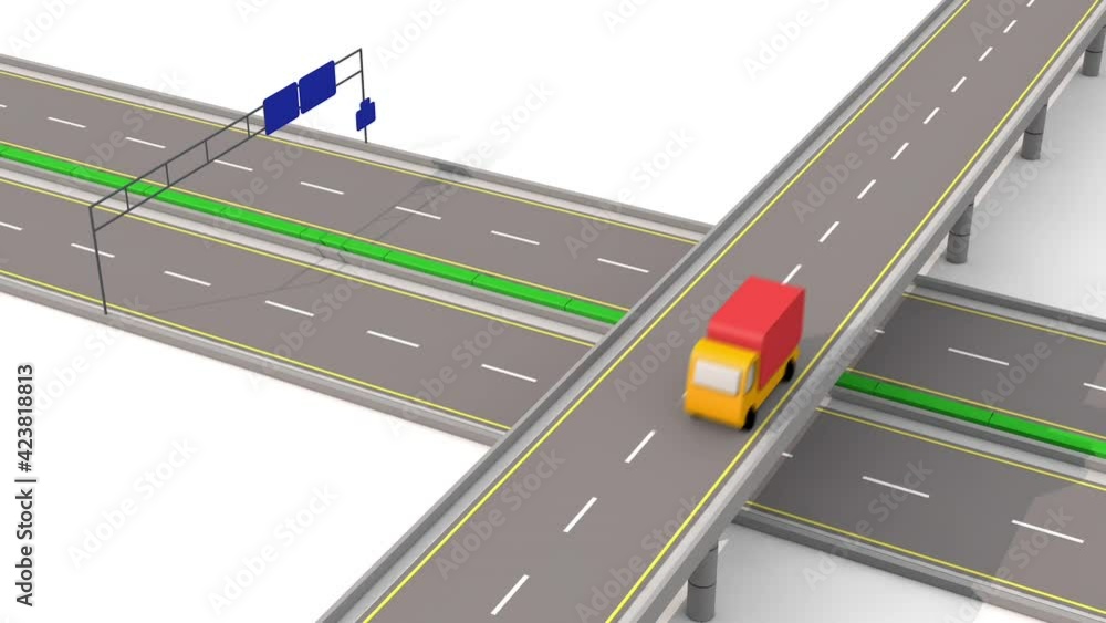 Flat design traffic 3d video. Highway with cars, trucks and buses Flat design traffic 3d video. Highway with cars, trucks and buses