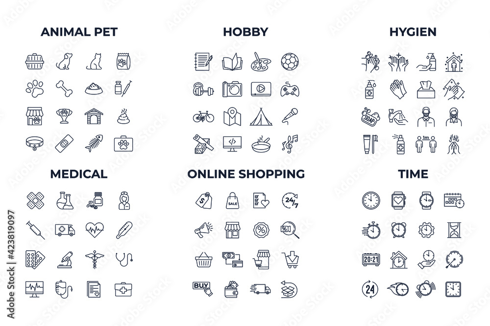 Set of 96 business line icon. include animal pet, hobby, hygiene, medical, online  shopping, time pack symbol template for graphic and web design collection  logo vector illustration Stock Vector | Adobe Stock