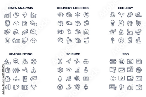 Set of 96 business line icon. include data analisys, delivery logistics, ecology, head hunting, science, SEO pack symbol template for graphic and web design collection logo vector illustration