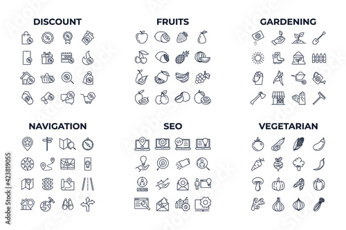 Set of 96 business line icon. include discount, fruit, gardening, navigation, seo, vegetarian pack symbol template for graphic and web design collection logo vector illustration