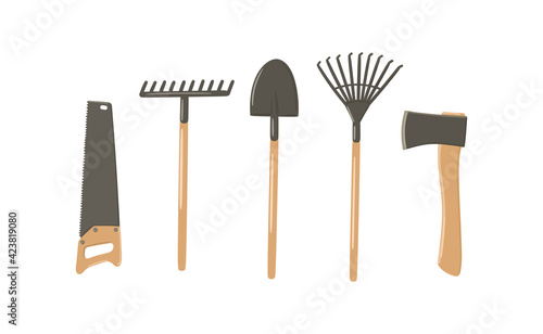 Gardening tools hand drawn vector illustration set. Garden equipment - shovel, rake, hand saw, hatchet