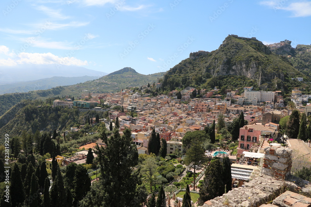 Taormina's location on Monte Tauro, Sicily Italy