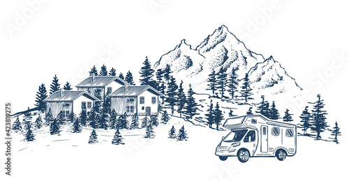 Camping in nature, motor home, Mountain landscape, hand drawn style, vector illustrations.