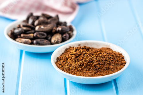 Roasted cocoa beans and cocoa powder in bowl